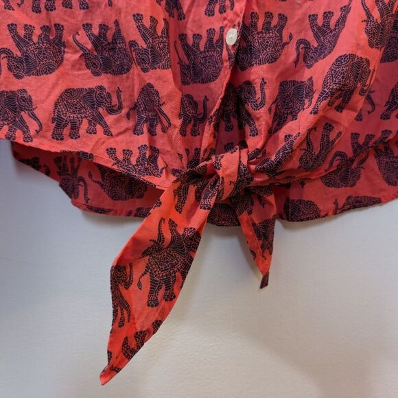 J. Crew Factory Coral Elephant Print Button Down Shirt Front Tie Women's Small - Picture 7 of 9